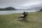 Solitary wooden elephant-shaped bench in Furnas Lake. Sao Miguel, Azores, Portugal, Europe