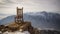 Solitude Amidst Winter\\\'s Embrace: A Wooden Chair on an Alpine Mountain Peak