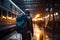 In solitude, a backpacking traveler navigates the train station\\\'s bustling corridors