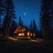 Solitude in the Forest cabin in the dark woods at