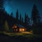 Solitude in the Forest cabin in the dark woods at