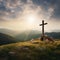 Solitude: A Large Wooden Cross Standing Alone on a Hilltop Overlooking a Sunny Green Valley with Dramatic Rays of Light Streaming