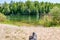 Solitude. Lonely and pensive man on the beach at the sea. A man