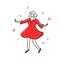 Solo dance girl in red dress and musical notes around. Summer party illustration of dancing woman. Vector outline