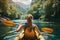 Solo female kayaker in picturesque river, serene summer scene for outdoor adventure seekers
