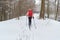 Solo female ski touring on a forest path in Winter, in Romania, passing by a blue triangle route marker.