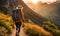 Solo female traveler trekking a mountain path with a backpack, wearing a hat