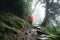 Solo hiker wearing professional backpack covered rain protect walk across foggy jungle mountain. Young tourist traveling along