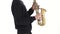 Solo saxophone. Playing young musician man in a white studio