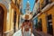 Solo traveler exploring old town streets of spain young backpacker tourist on vacation adventure