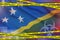 Solomon Islands flag and Covid-19 quarantine yellow tape. Coronavirus or 2019-nCov virus concept