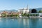 Solothurn, SO / Switzerland - 2 June 2019: city of Solothurn with the river Aare panorama cityscape view of the old town and a