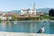 Solothurn, SO / Switzerland - 2 June 2019: city of Solothurn with the river Aare and a panorama cityscape view of the old town and