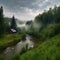 A solovay forest river low dlouds a lot of greenery grass, Nature Photography.Generative AI