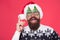 Solution concept. Santa is coming. Santa man wear christmas tree party glasses. Inspired face. Happy bearded man with