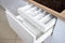 Solution for placing kitchen utensils in modern kitchen - horizontal sliding pullout drawer shelves storage in cupboard for