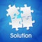 Solution and puzzle pieces over blue background, flat design