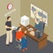 Solving crime investigator collecting information talking to witness in law enforcement agency detectives office isometric vector