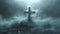 A somber and atmospheric depiction of a cross shrouded in mist, emerging from dark waters. Symbolic of hope amidst