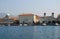 Some boats dock with buildings and church in the center of Trieste in Friuli Venezia Giulia (Italy)