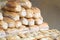 Some bread in a bakery against a dark background.