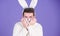 Some bunny loves you. Man wearing rabbit ears. Easter hare. Bearded man in easter rabbit costume. Happy Hipster dressed