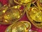 Some closeup decoration display of gold ingots for the Lunar New Year