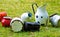 Some colorful old, vintage jugs from enamel, laying in the green grass