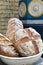 Some delicious homemade bread display at a market close to the train station