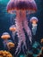 some jellyfish that have beautiful colors swim like dancing in the ocean