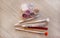 Some manicure instruments on wooden background