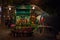 Some older women walk near a flower kiosk, during the evening ho