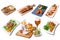 Some plates of culinary food packshot on white background