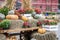 Some pumpkins on hay and ears of wheat in a wooden cart the season of harvest at an autumn festival in Moscow