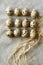 Some rows of quail eggs on linen fablic background