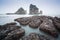 Some starfishes on a rock on the beach. Motukiekie bay point, west coast of New Zealand`s South Island