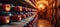 some wooden wine racks are full of red bottles and wooden barrels