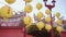 Some yellow lanterns labeled auspicious words hung up at a temple in Taiwan.