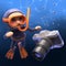 Someone drops their camera in front of the submerged snorkel diver, 3d illustration