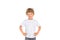 Something unhappy little boy in a white t-shirt on a white background