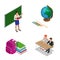 Sometric School lesson. Little students and teacher. Isometric Classroom with green chalkboard, teachers desk, pupils