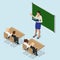 Sometric School lesson. Little students and teacher. Isometric Classroom with green chalkboard, teachers desk, pupils