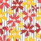 Sommer flowers seamless repeating vector pattern. Red, pink, yellow florals on a black and white striped background