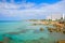 SON BOU, MENORCA, SPAIN - SEPTEMBER 2, 2019: View on the beach Son Bou with unknown persons