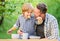 Son and father eating milk porridge. Preparation of food. healthy food and dieting. Happy family together. happy fathers