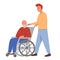 Son with old man on wheelchair. Grandpa sitting in wheelchair. Retired elderly senior age man disabled. Concept for