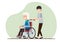 The son takes care of his father who cannot walk. Must be wheelchair Elderly health care concept