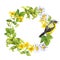 Songbird, meadow flowers, grass. Floral circle frame. Watercolour wreath