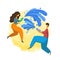 Songkran, Thai New Year`s festival. Man and woman pouring water on each other. Vector illustration in flat style