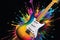 Sonic Spectrum: Electric Guitar Front and Center, Splashed with Rainbow Hues, Appearing Mid-Energetic Explosion Vibration